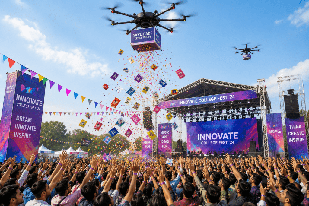 Drone drop campaign creating an aerial visual at a public event